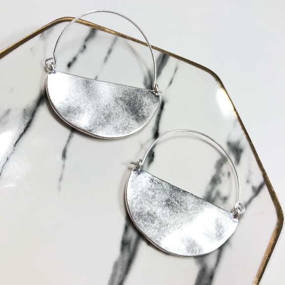 Silver Hammered Half Circle Wire Boutique Earrings - Picture 3 of 5